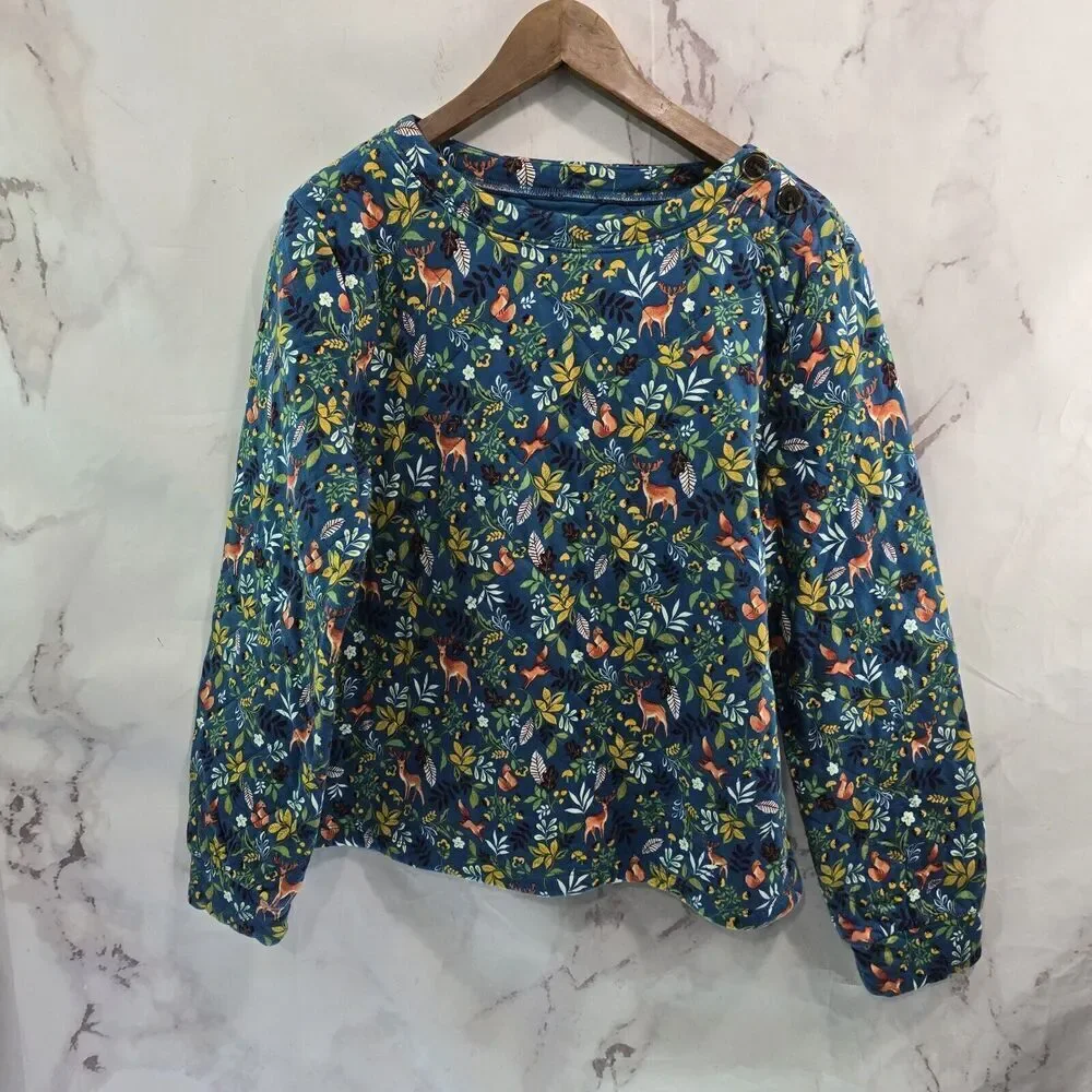 Talbots Pullover Womens Large Woodland Ditsy Quilted Sweatshirt Fox Deer Acorn - Picture 2 of 12